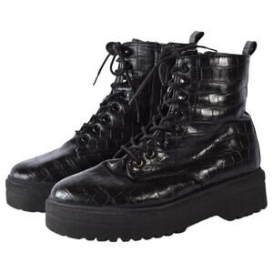 Black Croc-Embossed Faux Leather Platform Combat Boots (Size 7 Wide)
